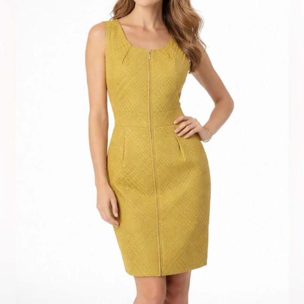 Tahari Arthur S. Levine Petite Mustard Yellow Zip Front Sheath Dress Size 14P